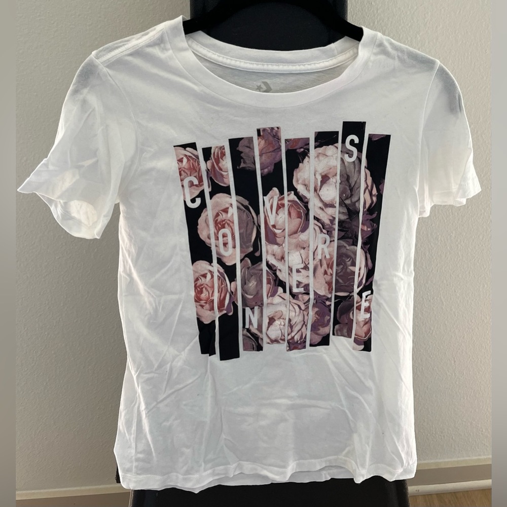 Converse floral converse short sleeved white pink and purple shirt XS